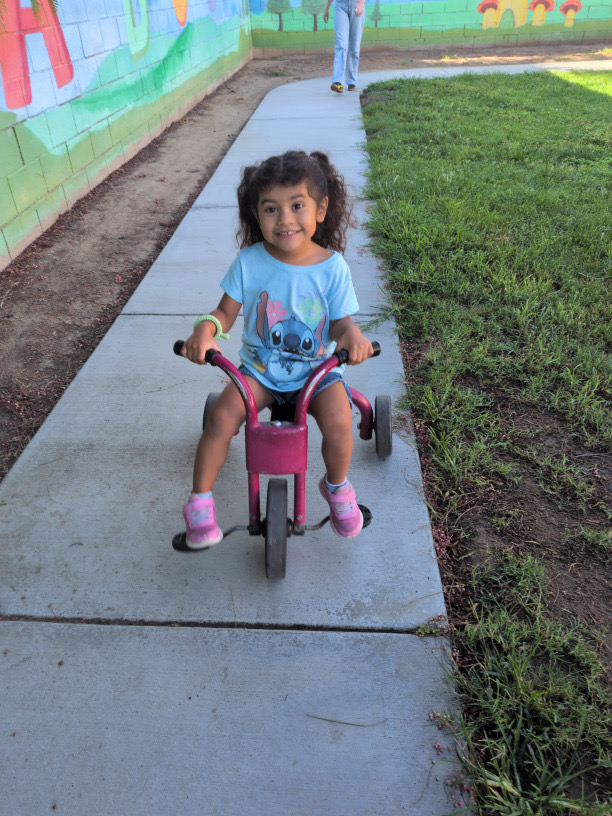 A smiling child riding a tricycle on the playground path