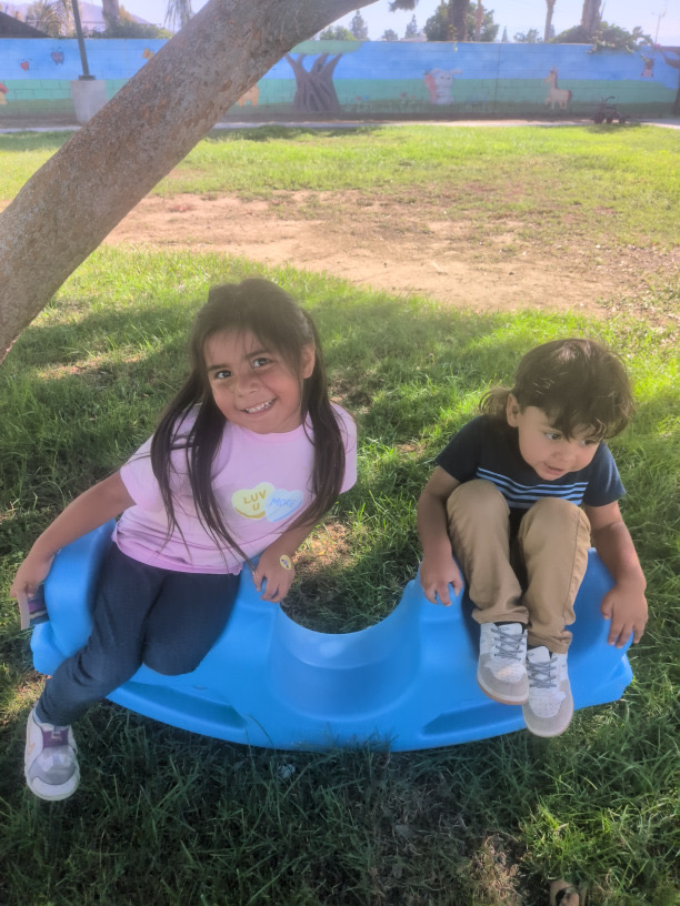 Two children playing on a blue outdoor rocker